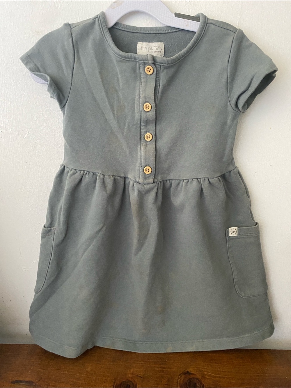 Little Planet Sage Green Short Sleeve Pocket Dress for Girls